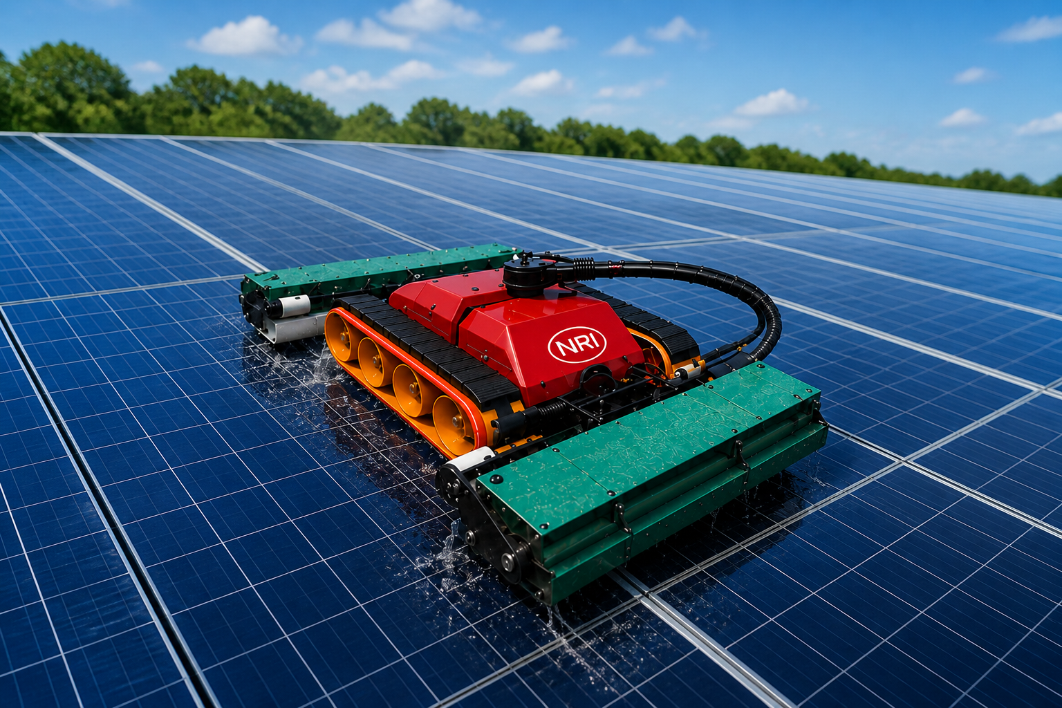 Robot professionnel de nettoyage sur une grande installation photovoltaïque
